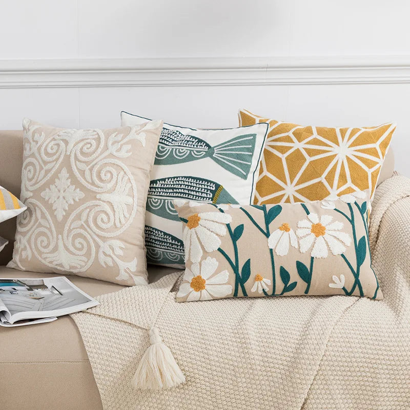 Daisy Floral Geometric Embroidery Pillow Cover 45x45cm Yellow Blue Soft Cozy