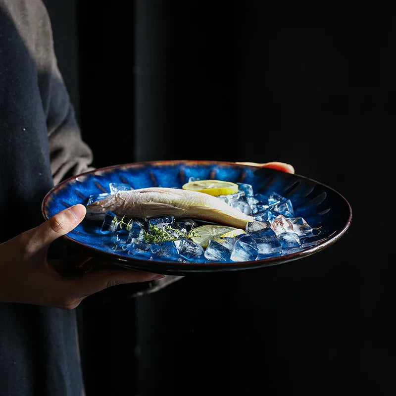 Axya Blue Ceramic Dinner Plate for Western Restaurant Use