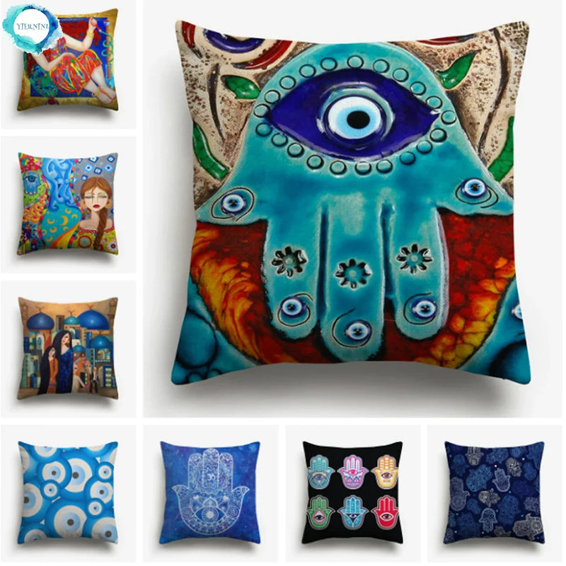 Axyaa Watercolor Turkish Evil Eye Cushion Cover Arabian Girl Portrait Pillow Case