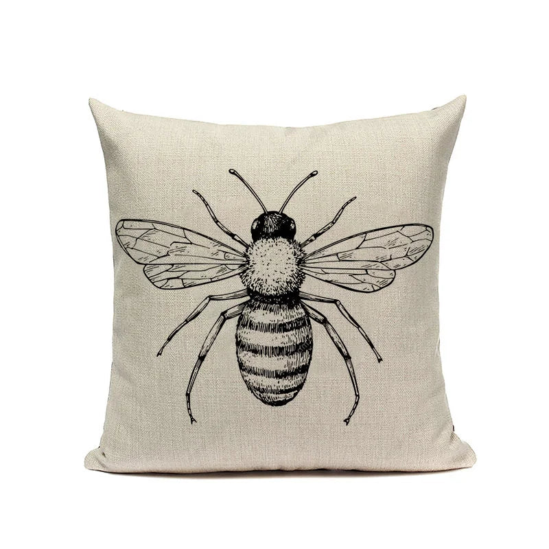 Axyaa Bee Pattern Linen Cushion Cover - Nordic Decorative Throw Pillow Case