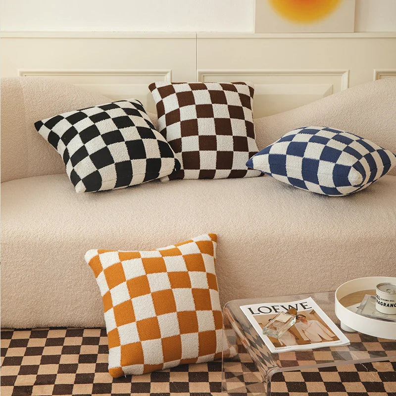 Axyaa Checkered Flocking Cushion Cover for Home Decoration