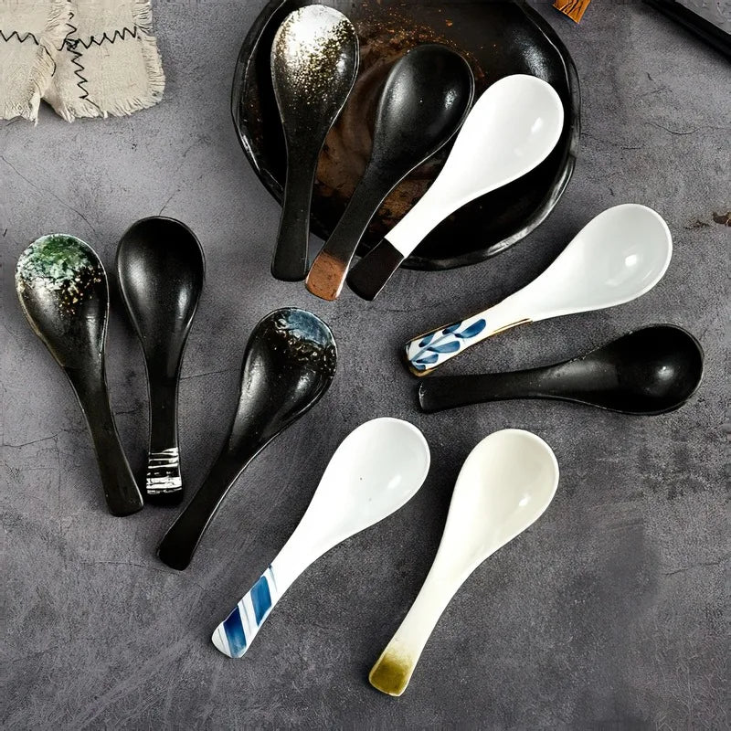 Axya Japanese Retro Bone Ceramic Spoon, Green and Black Rice Scoop, 14.5*4.5cm