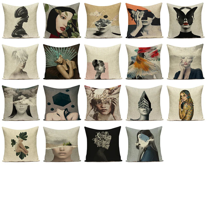 Axyaa Retro Art Woman Abstract Linen Cushion Cover Decorative Throw Pillow