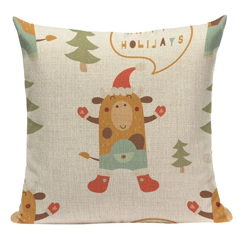 Axyaa Christmas Deer Snowman Cartoon Cushion Cover - Festive Decor Pillowcase