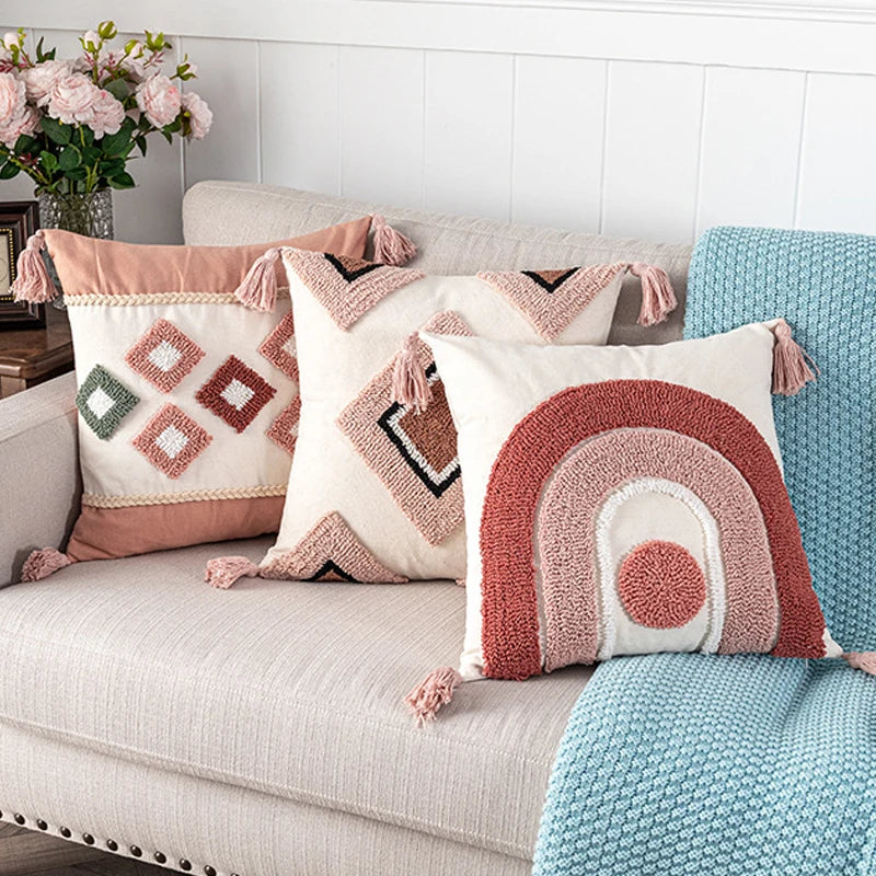 Axyaa Pink Rainbow Tufted Diamond Pillow Cover for Living Room Girls Room