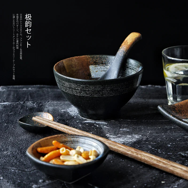 Axya™ Ceramic Retro Japanese Dinner Set | Frosted Texture Tableware for Home & Restaurant