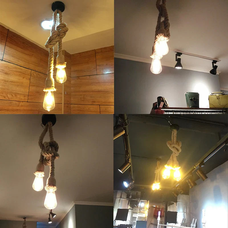 Axyaa Retro Hemp Rope Pendant Light with E27 LED Bulb - Industrial Vintage Hanging Lamp
