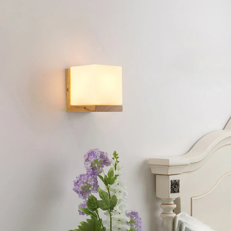 Nordic Glass Shade Sconce Wall Light by Axyaa - Wood Bedside Lamp E27