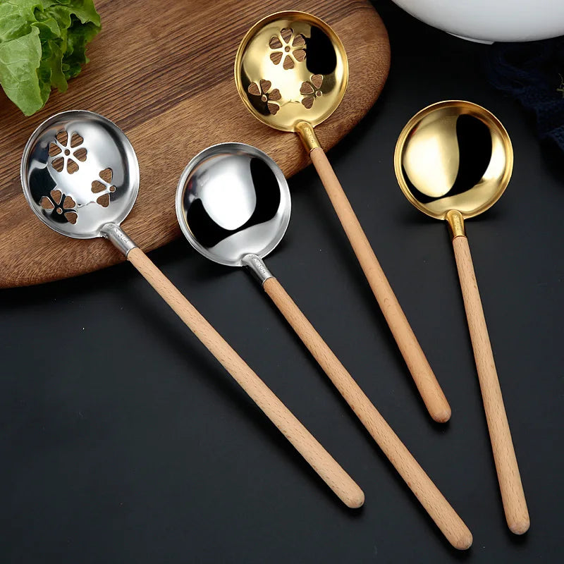 Axyaa Wooden Spoon with Stainless Steel Long Handle for Kitchen Dining Tableware