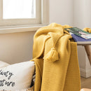 Axyaa Yellow Knit Throw Blanket with PomPom Tassels - 50"x62"
