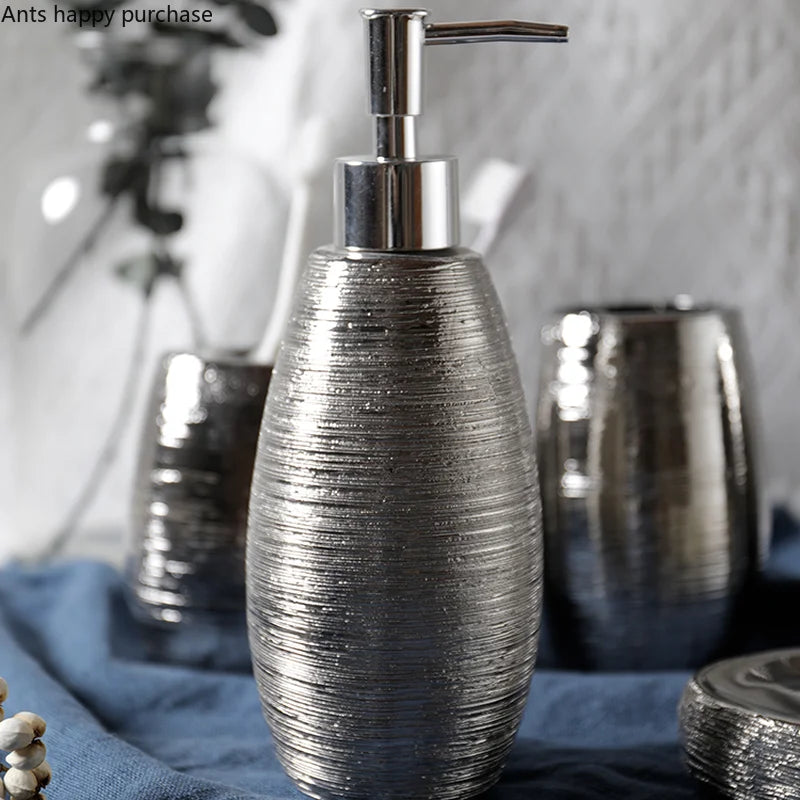 Axya Silver Ceramic Bathroom Set: Mouthwash, Soap Dispenser, Toothbrush Cup