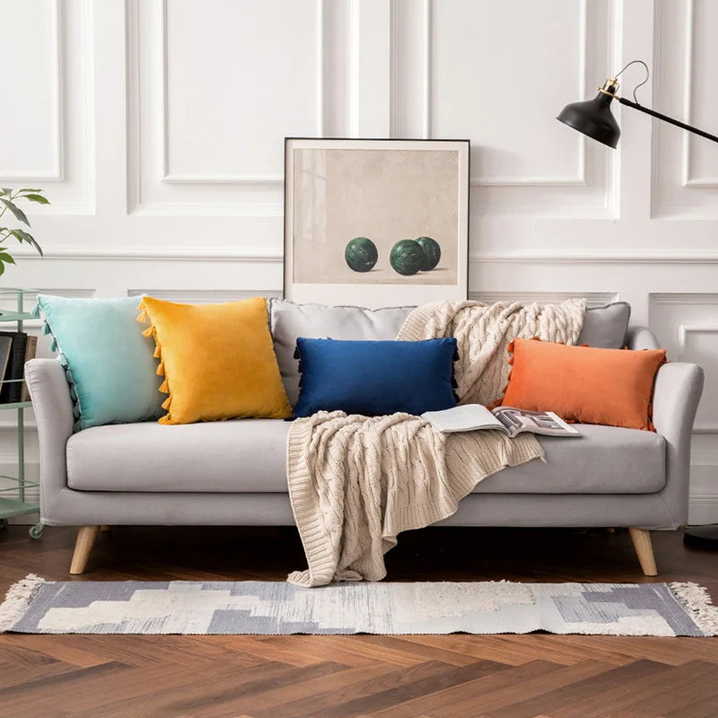 Velvet Tassel Throw Pillow Cover for Couch & Sofa - Axyaa Branded Luxe Accent Cushions