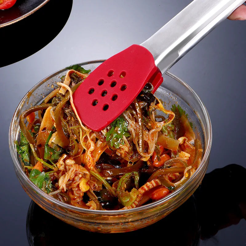 Axyaa Silicone Head Stainless Steel BBQ Grilling Tongs, Non-Stick Food Clamp