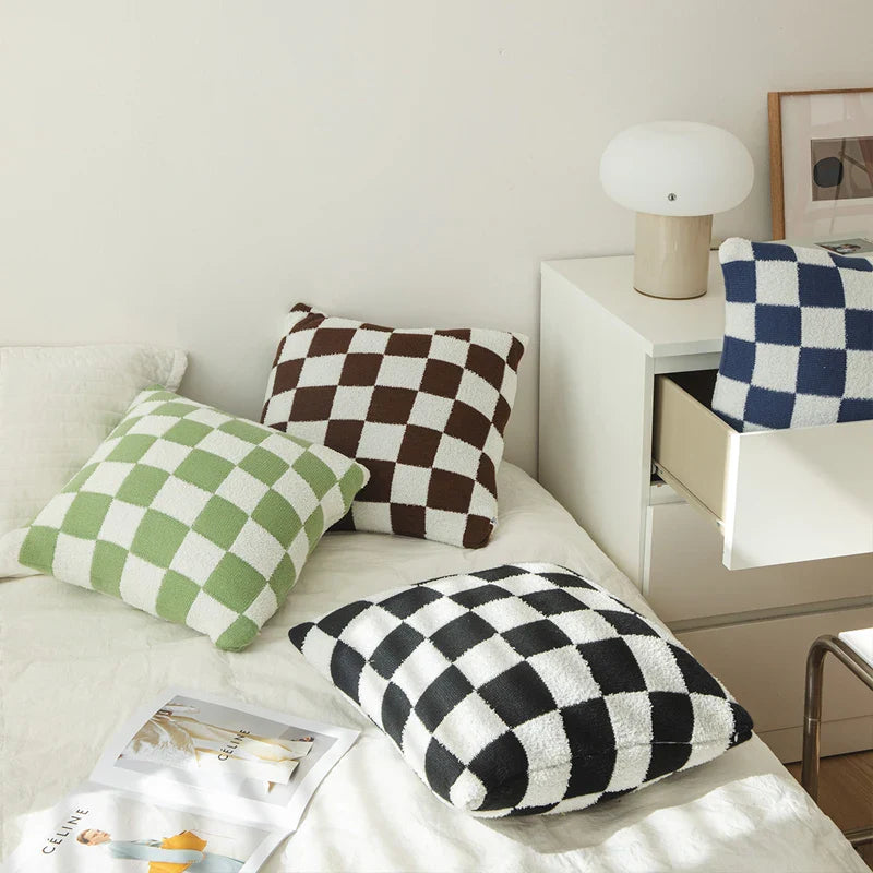 Axyaa Checkered Flocking Cushion Cover for Home Decoration