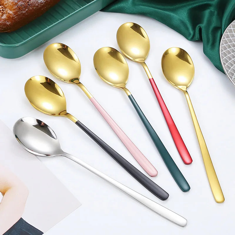 Axyaa Stainless Steel Golden Teaspoons with Long Handle - Kitchen Tableware