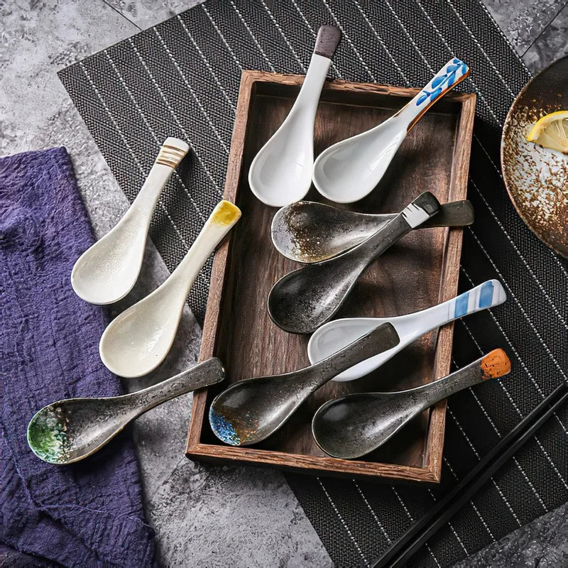 Axya Japanese Retro Bone Ceramic Spoon, Green and Black Rice Scoop, 14.5*4.5cm