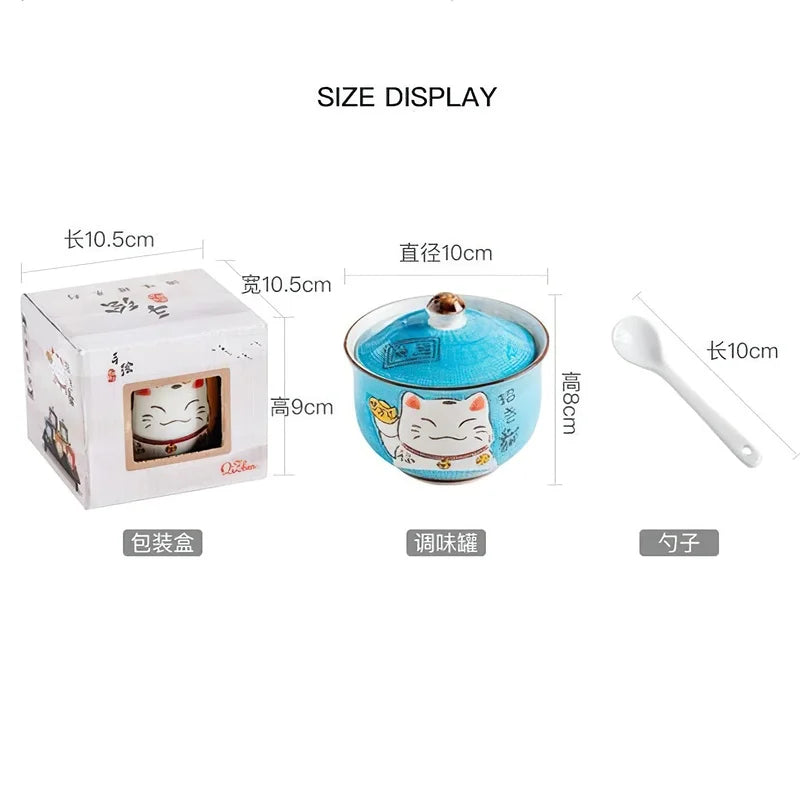Axya Blue Lucky Cat Condiment Bottles Set with Spoon, Japanese Style Spice Jar