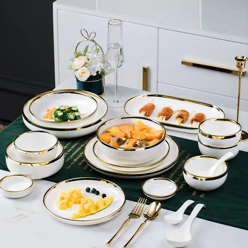 Axya Gold Rim White Porcelain Dinner Plate Bowl Set