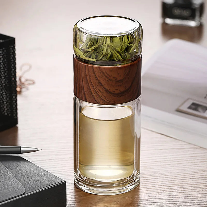 Axya Double Glass Cup Filter Tumbler Tea Drinkware Transparent Wood Grain Bottle