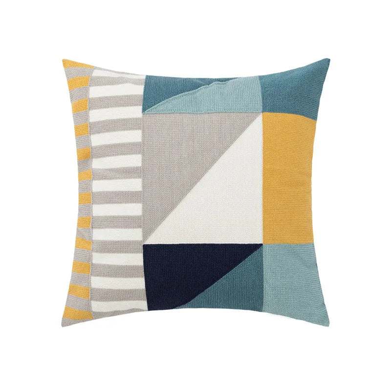 Daisy Floral Geometric Embroidery Pillow Cover 45x45cm Yellow Blue Soft Cozy