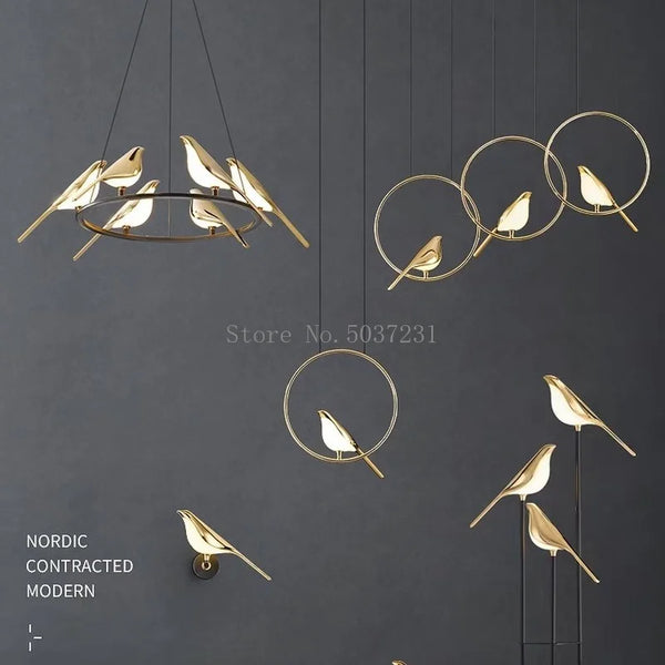 Axyaa Golden Bird LED Chandelier: Modern 360 Degree Hanging Light for Home Decor