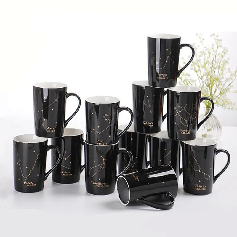 Axya 12 Constellations Ceramic Mug Spoon Lid Black Gold Porcelain Zodiac Coffee Cup