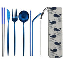 Axyaa Blue Cutlery Set Stainless Steel Knife Fork Spoon Chopsticks Straw Silverware