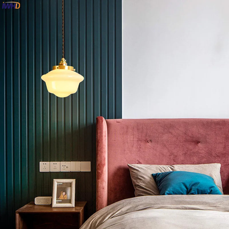 Axyaa White Glass LED Pendant Light: Japanese Style Nordic Modern Copper Hanging Lamp