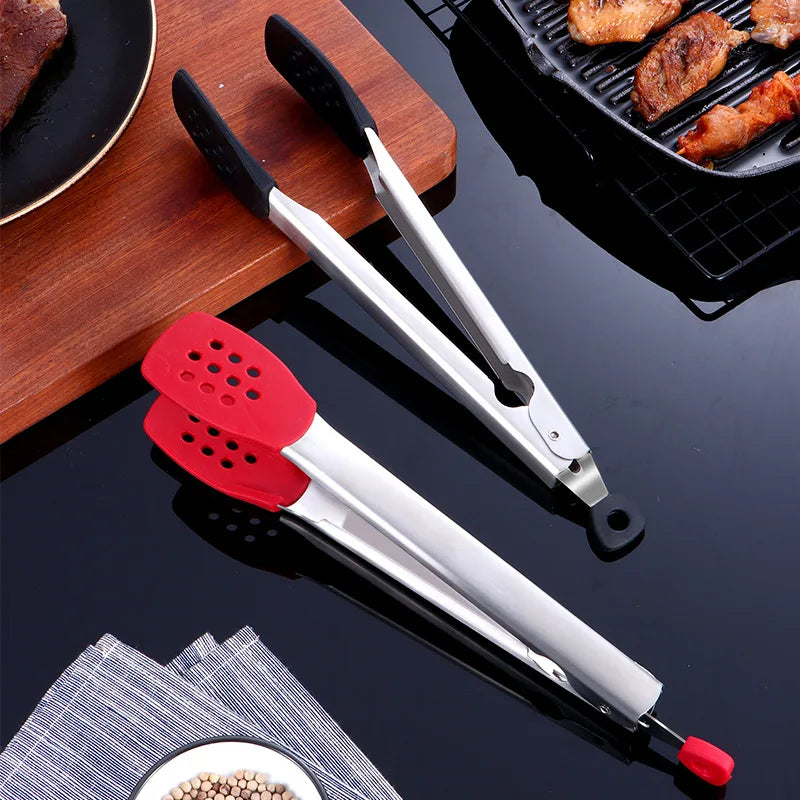 Axyaa Silicone Head Stainless Steel BBQ Grilling Tongs, Non-Stick Food Clamp