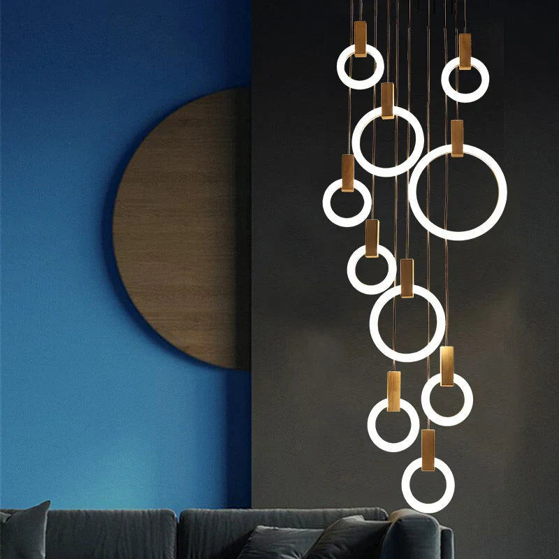 Axyaa Wooden Ring LED Chandelier for Dining Room and Staircase Lighting