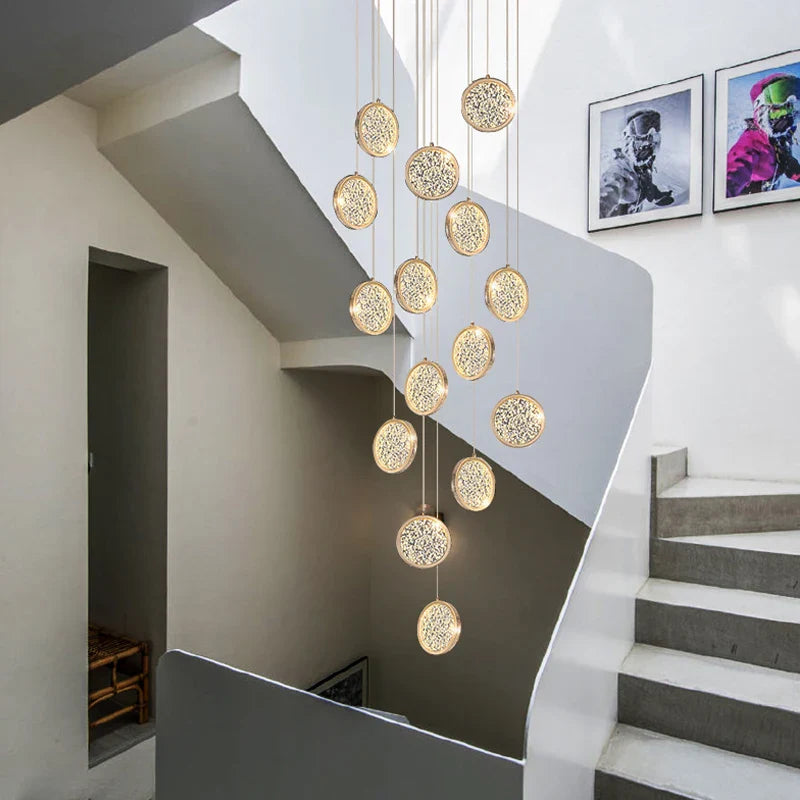 Axyaa Round Acrylic Gold Led Chandelier for Duplex Attic Living and Dining Rooms