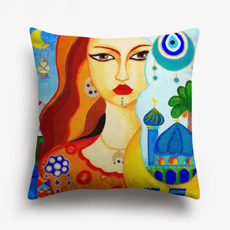 Axyaa Watercolor Turkish Evil Eye Cushion Cover Arabian Girl Portrait Pillow Case