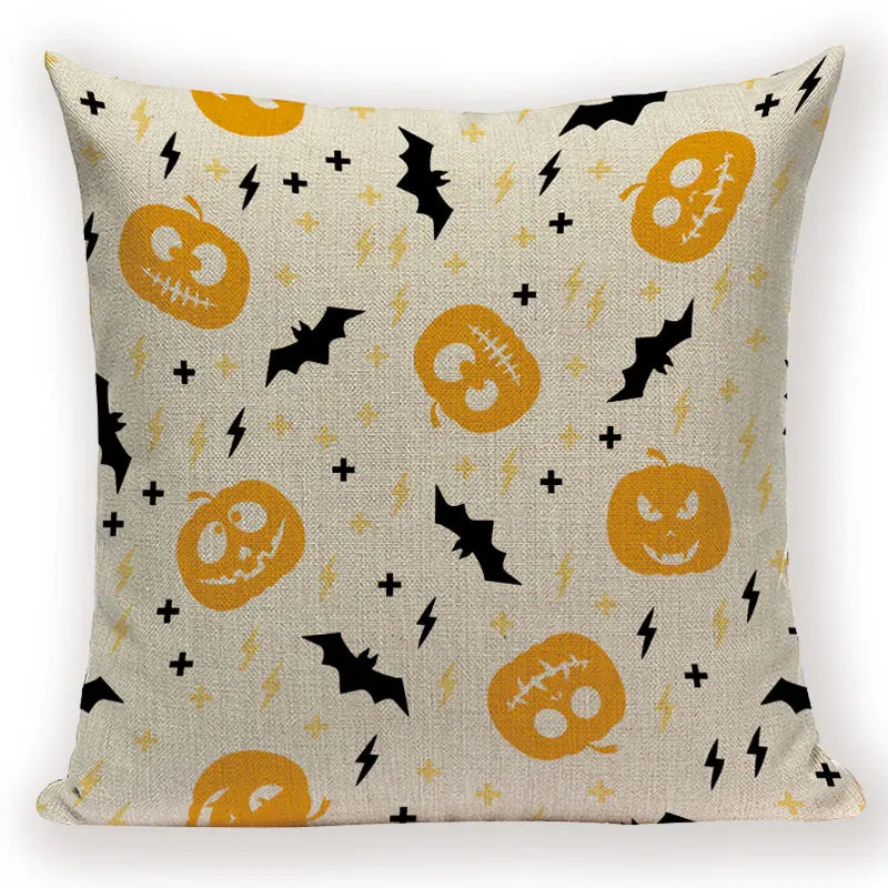 Happy Halloween Pumpkin Print Linen Throw Pillow Cover by Axyaa