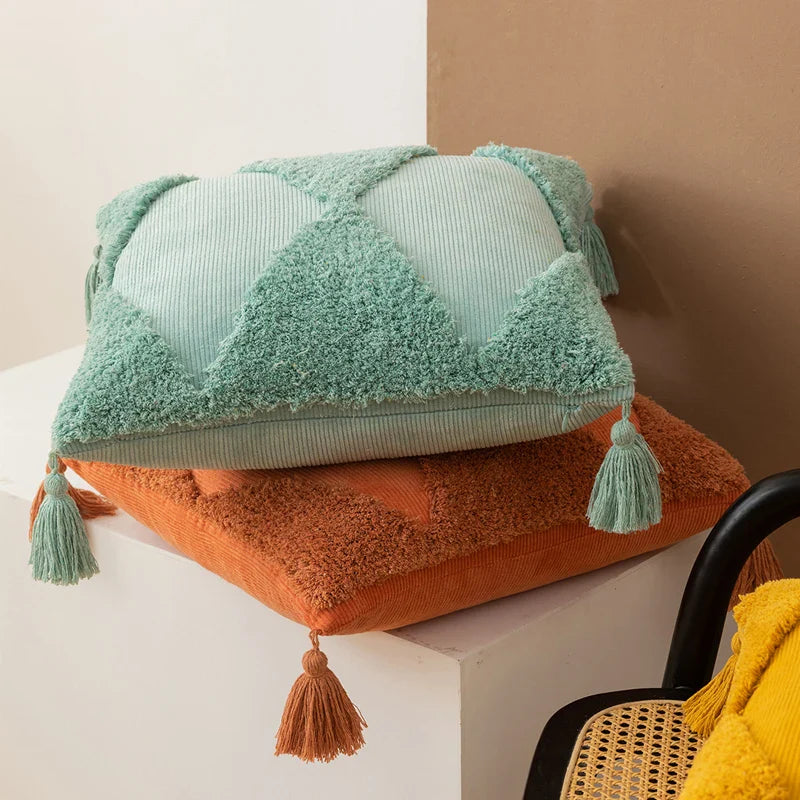 Axyaa Tufted Diamond Tassel Cushion Cover 45x45cm White Yellow Green Ambor
