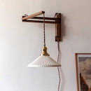 Axyaa Minimalist Walnut Wall Lamps with Retractable Arm & Pleat Lampshade