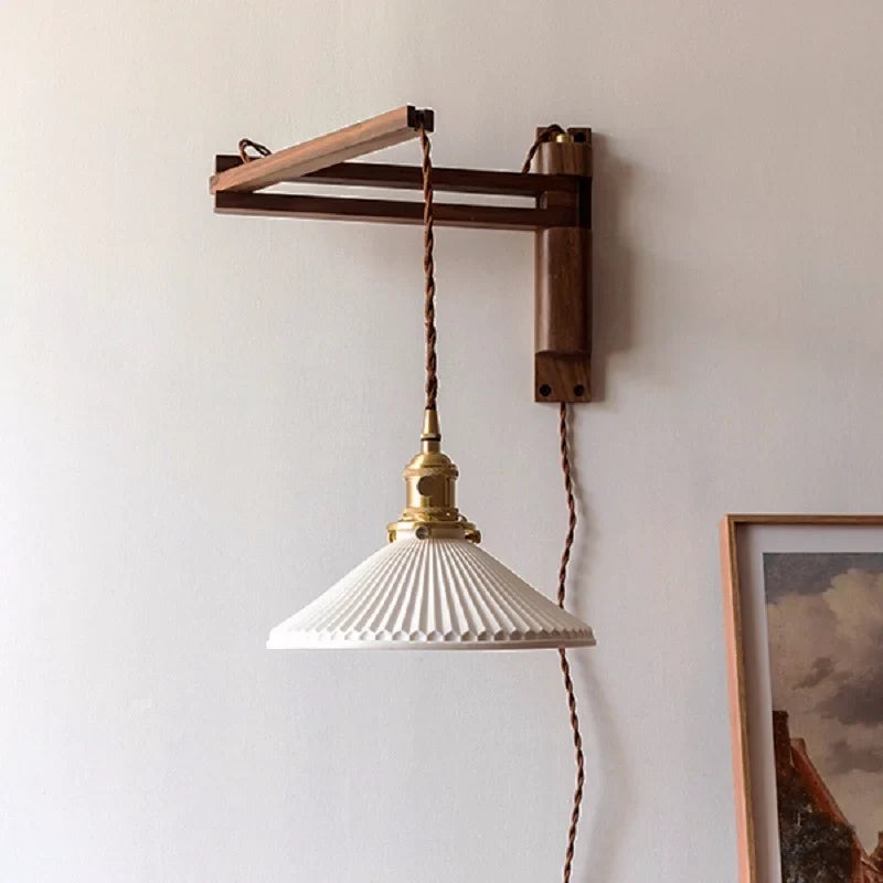 Axyaa Minimalist Walnut Wall Lamps with Retractable Arm & Pleat Lampshade