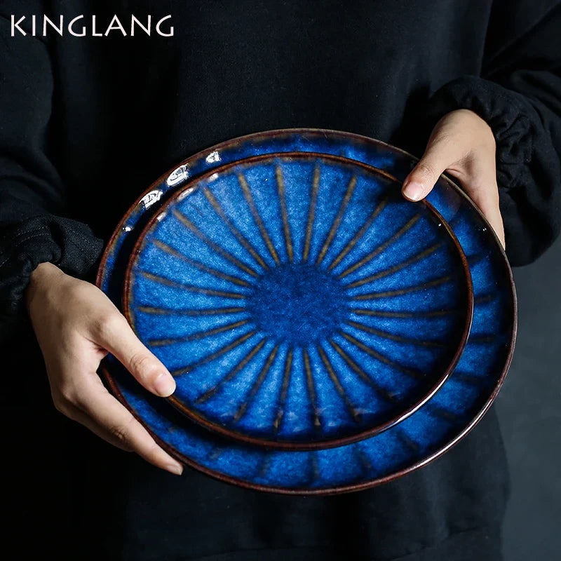 Axya Blue Ceramic Dinner Plate for Western Restaurant Use