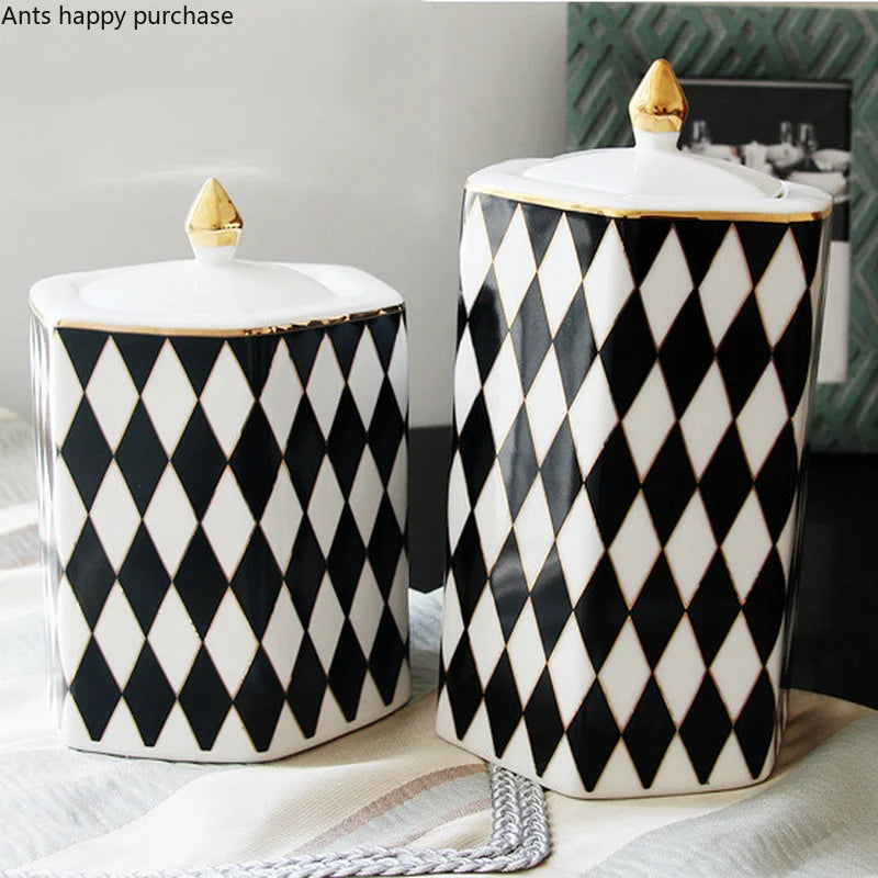Axya Geometric Black & White Grid Ceramic Storage Jar with Cover