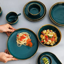 Axya™ Luxe Green Ceramic Dinnerware Set – Gilt Rim Plates & Bowls for Steak & More