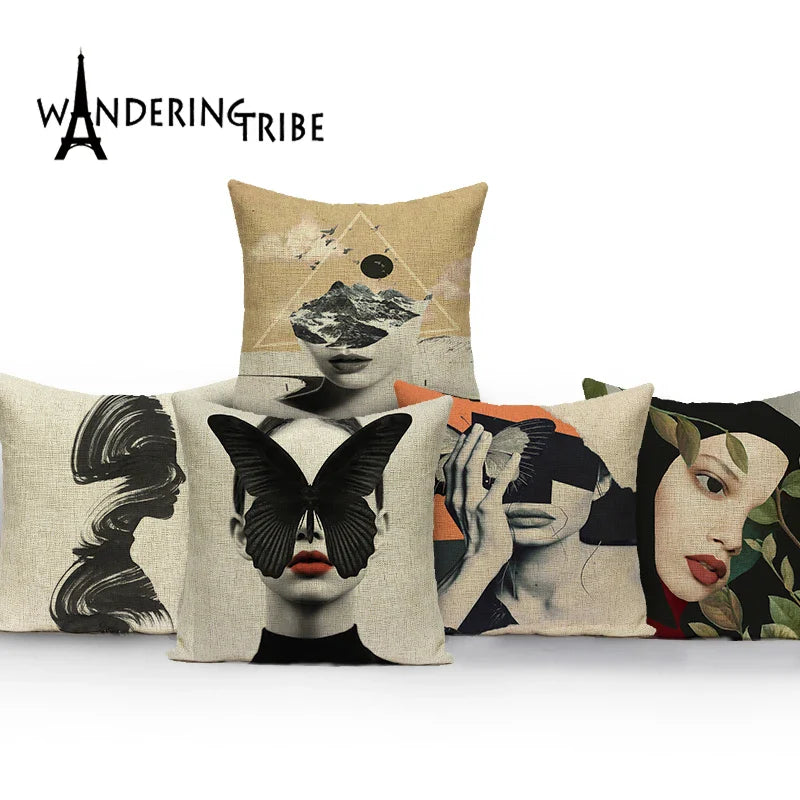 Axyaa Retro Art Woman Abstract Linen Cushion Cover Decorative Throw Pillow