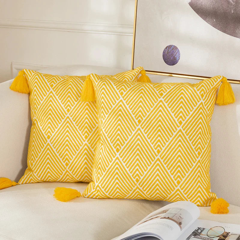 Yellow Geometric Embroidered Cotton Cushion Cover by Axyaa
