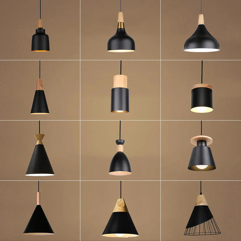 Axyaa Wood Iron Pendant Light: Modern Nordic Black Chandelier for Home Decor
