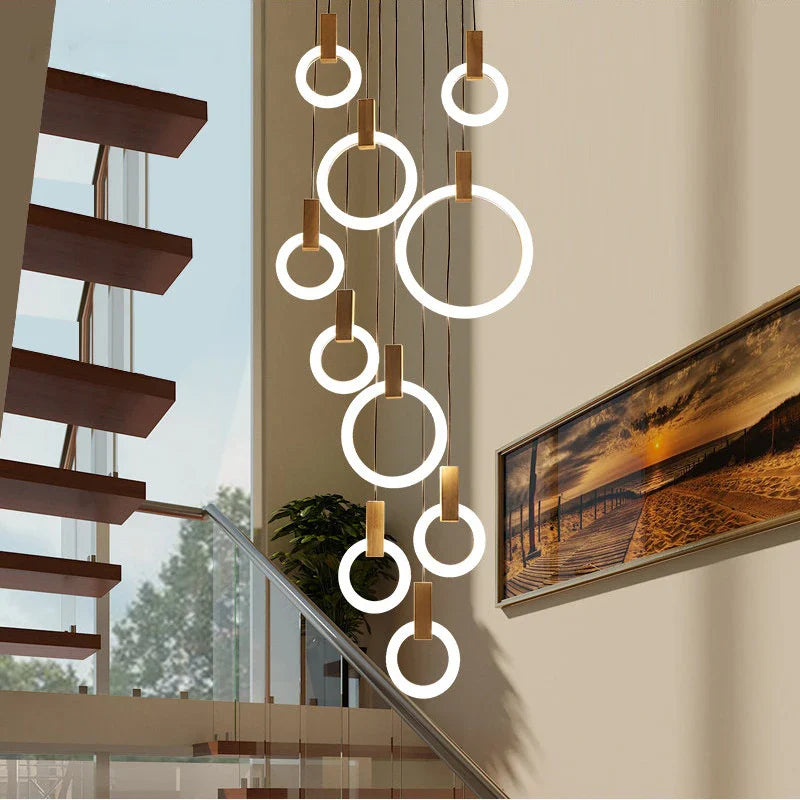 Axyaa Wooden Ring LED Chandelier for Dining Room and Staircase Lighting