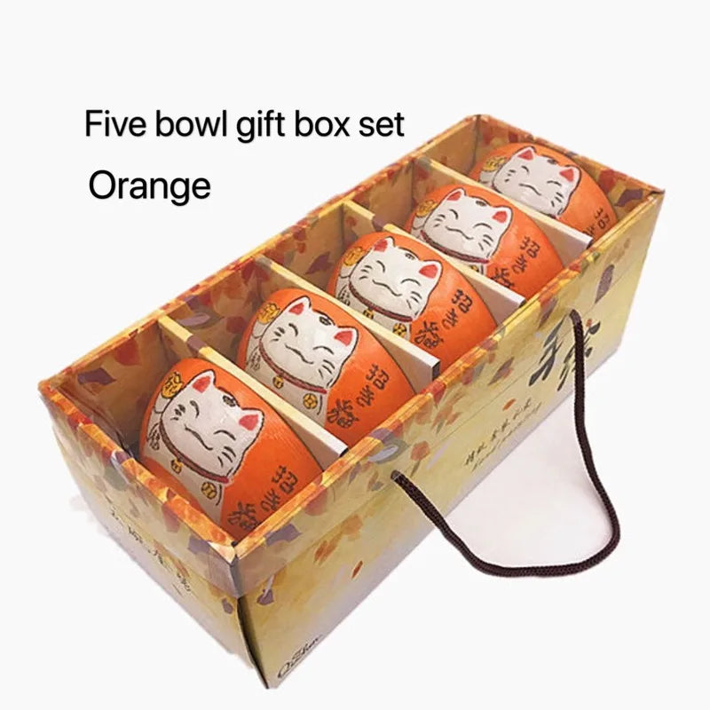Axya Japanese Lucky Cat Ceramic Bowls Set of 5 - Colorful Cartoon Design