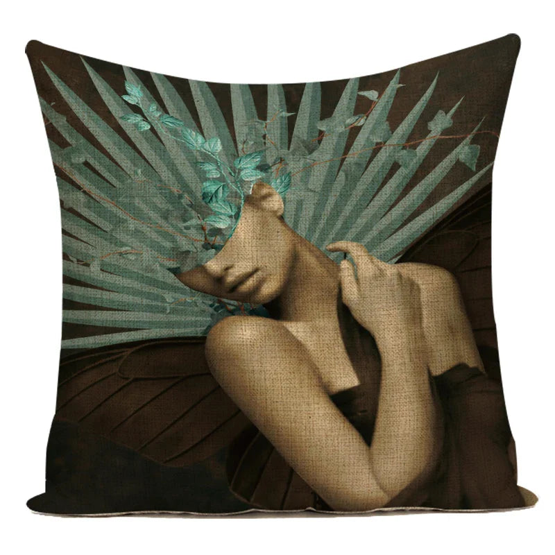 Axyaa Retro Art Woman Abstract Linen Cushion Cover Decorative Throw Pillow