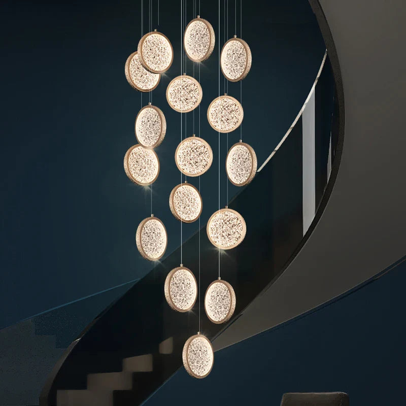 Axyaa Round Acrylic Gold Led Chandelier for Duplex Attic Living and Dining Rooms
