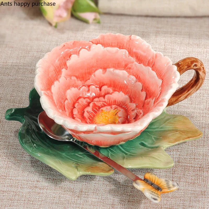 Axya Floral Ceramic Cup Set with Saucer Spoon, Stylish Gift for Tea and Coffee Lovers.