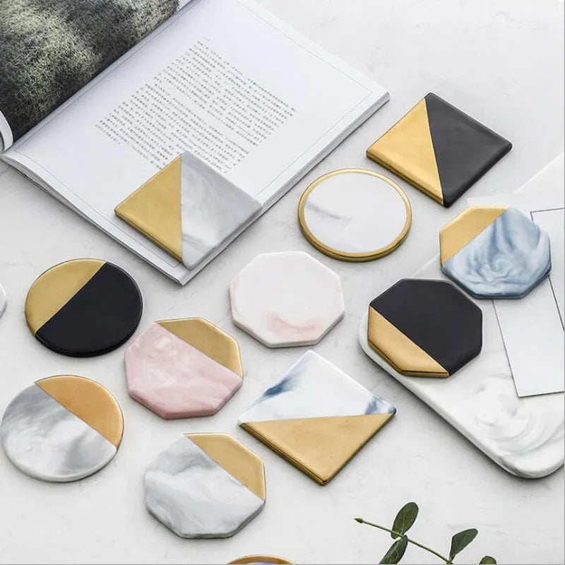 Axya™ Marble Grain Ceramic Coasters: Stylish Drink Mats for Coffee & Tea, Black Round Cup Stands