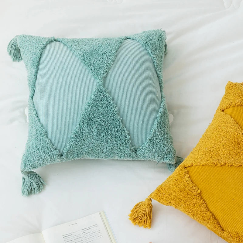 Axyaa Tufted Diamond Tassel Cushion Cover 45x45cm White Yellow Green Ambor