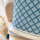 Axyaa Boho Blue Diamond Jacquard Cushion Cover with Tassels for Home Decor